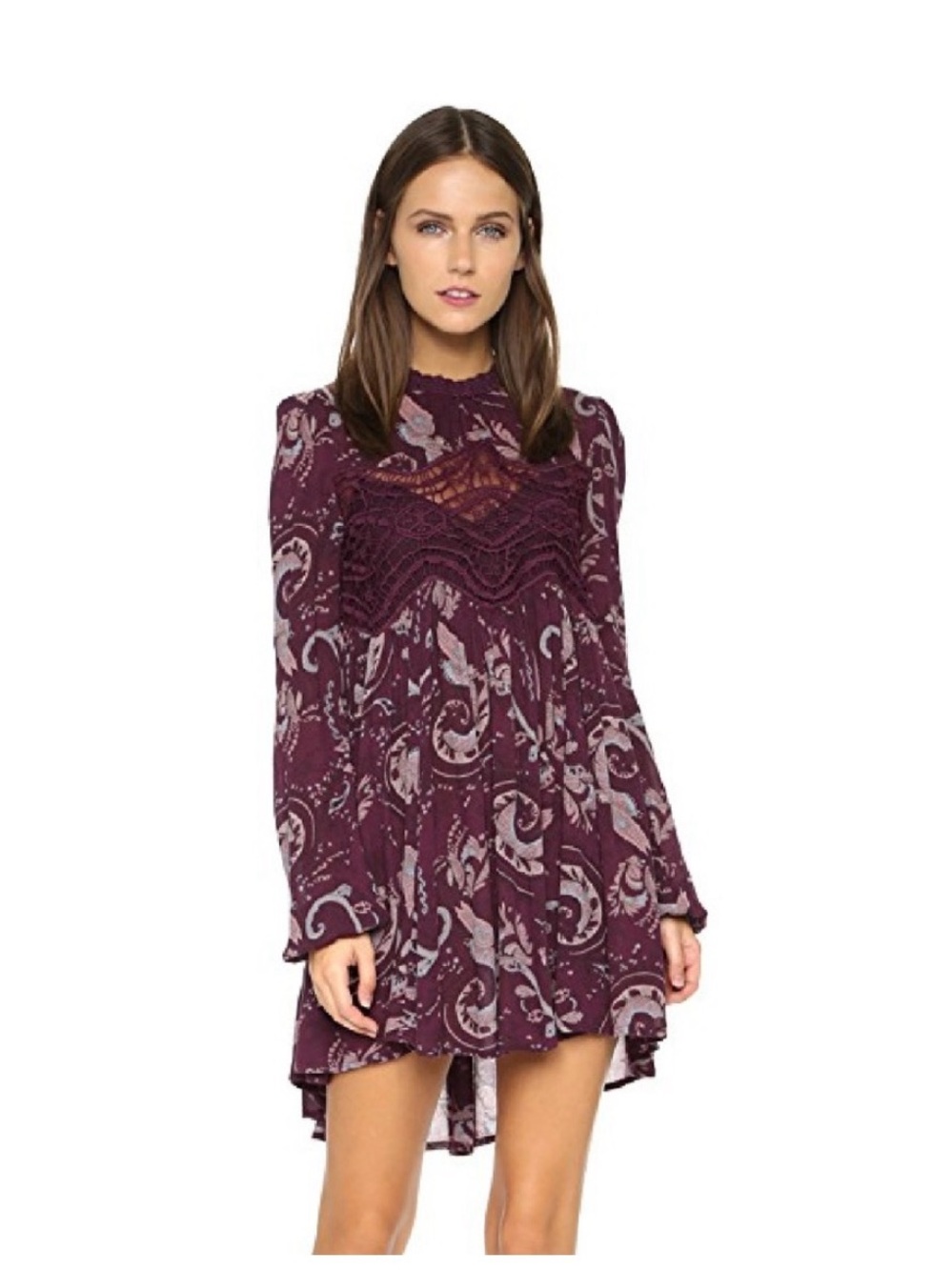 Free People Plum Paisley Lace-Trim Long Sleeve Dress